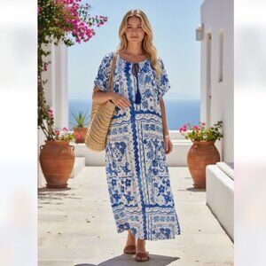 NWOT Joie Summer Beach Maxi Dress Linen Blend Blue White  Tassel